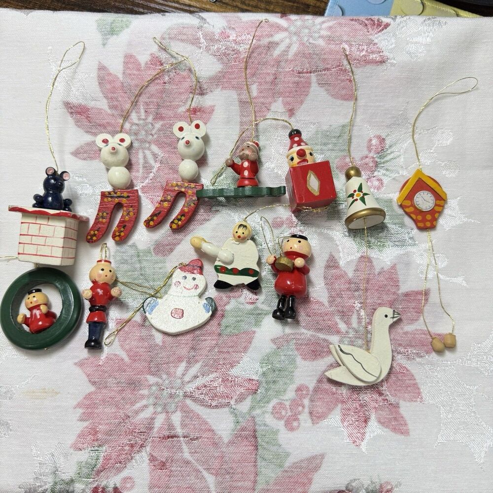 Vtg Wooden Mini Christmas Ornaments Lot 12pcs German Taiwan Clock Mouse Chimney